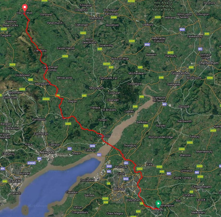 Cycling route Day 1: Bath to Hay on Wye
